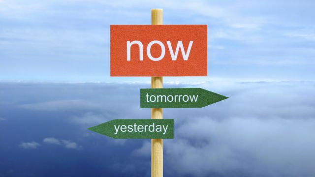 Brand Strategy Now - Tomorrow - Yesterday on sign in clouds